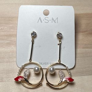 ASM Red Pearl Dolphin Tail Earrings NEW